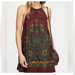 Free People Burgundy and Green Patterned Mini Dress
